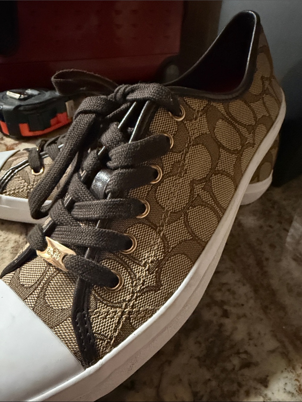 Coach Tan and White Logo Canvas Lace-Up Sneakers like new